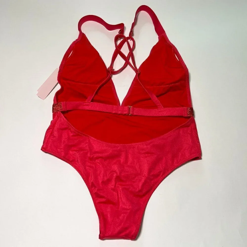 Victoria Secret Small S Shine Strap Plunge One Piece Swimsuit Bikini Red Pink